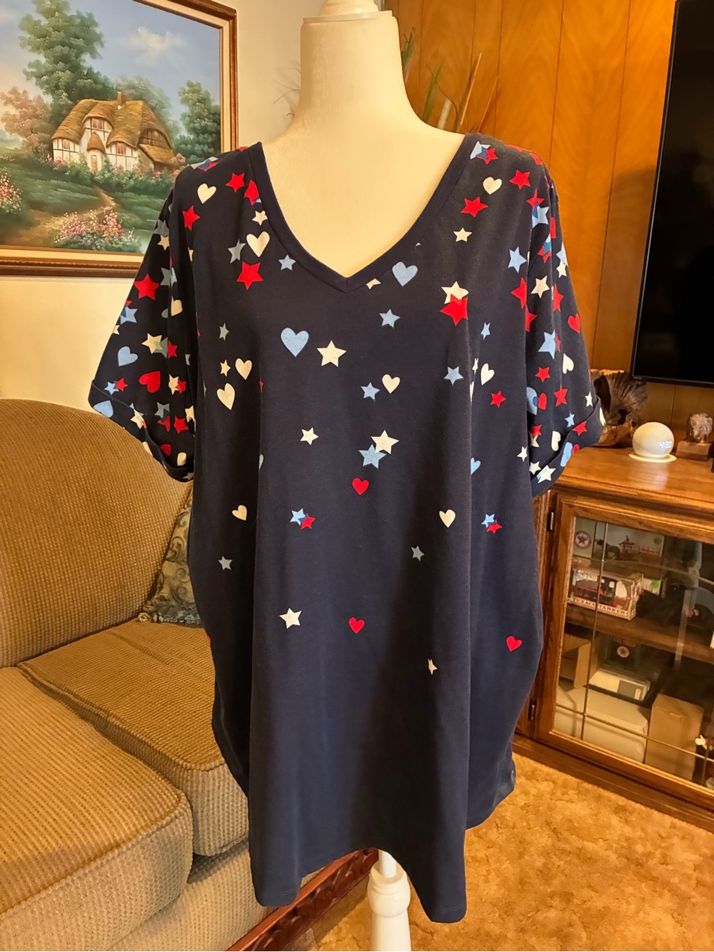 Women Within V-Neck Cuffed Americana Print Tee Top 2X